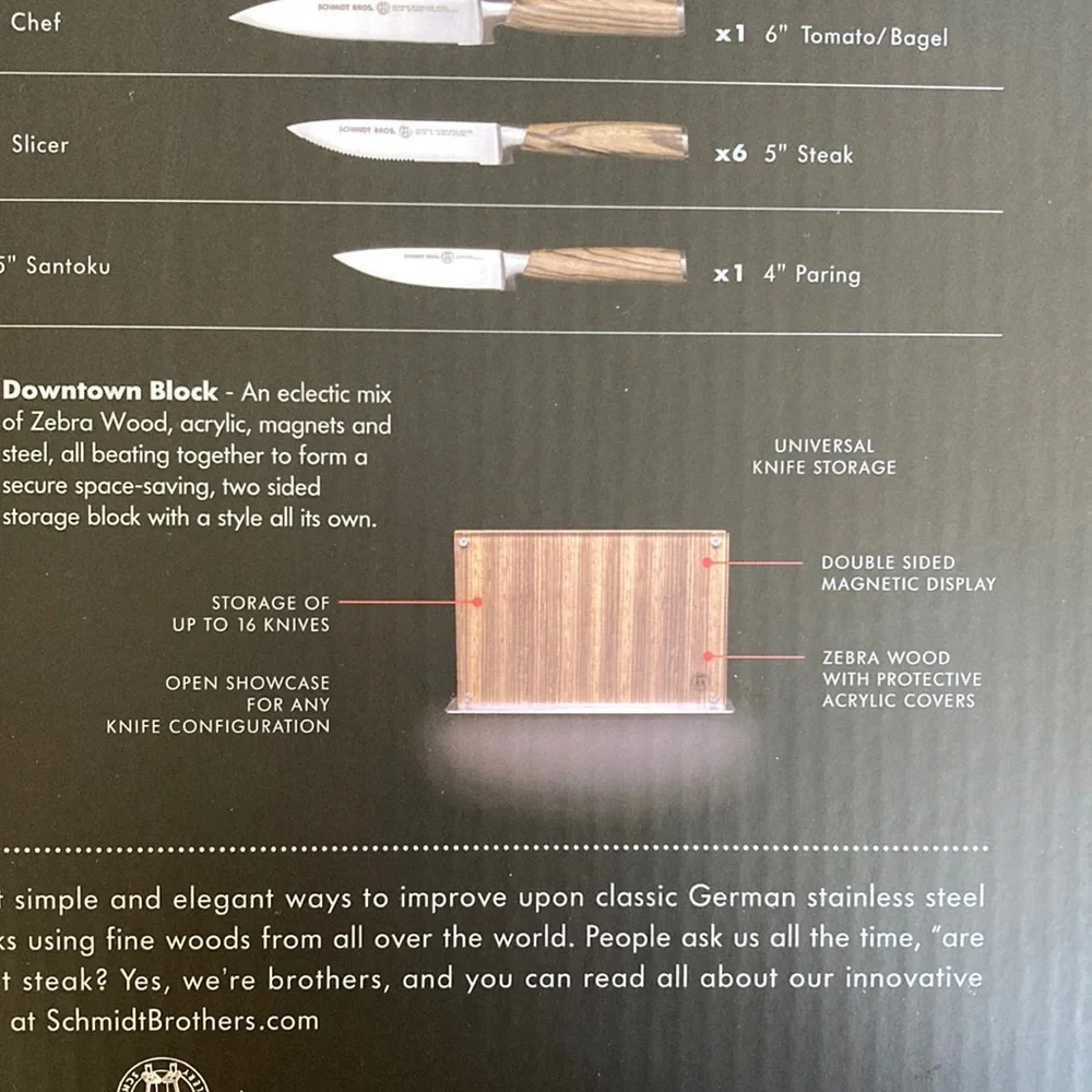 KNIFE BLOCK ONLY - Schmidt Brothers Zebra Wood Downton Knife Block - Brand New